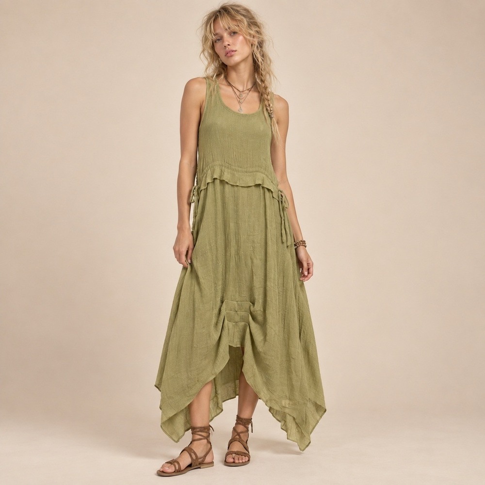 Simply Couture Boho Sage Green Small Maxi Dress Lagenlook Handkerchief Hem Fairy